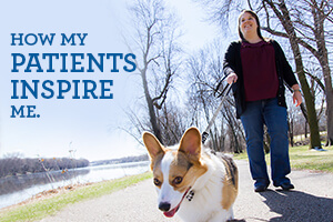 Author walking dog; text: how my patients inspire me
